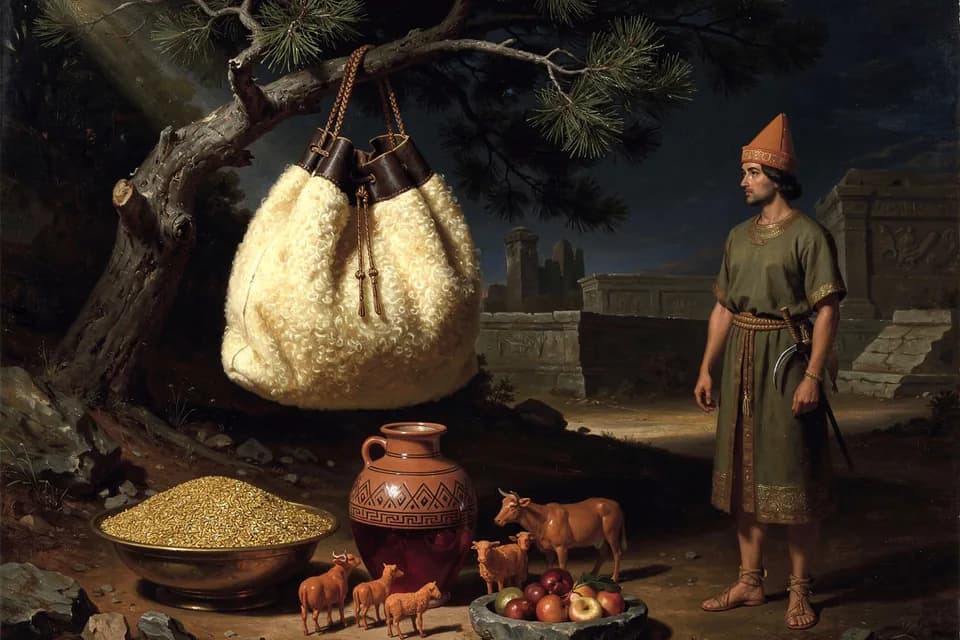 Illustration of The Kurša Bag on the Eya Tree, a relic of the Hittite Pantheon