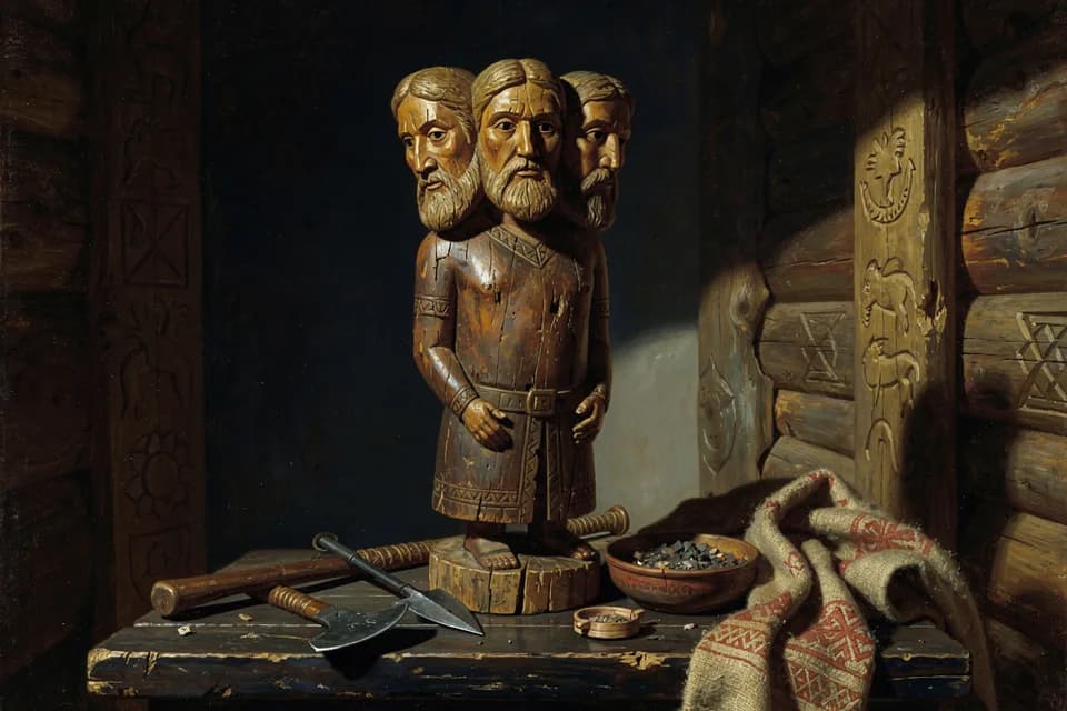Illustration of Three-Headed Idol of Triglav, an idol of the Slavic Pantheon