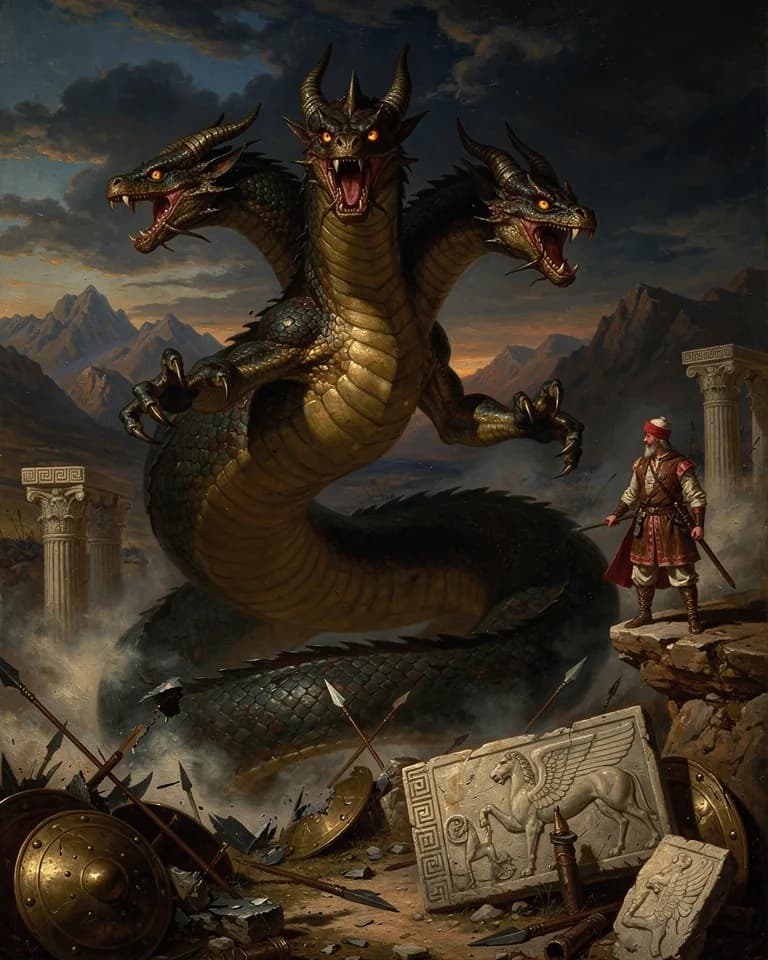 Illustration of Azhi Dahaka, a creature of the Persian (Iranian) Tradition