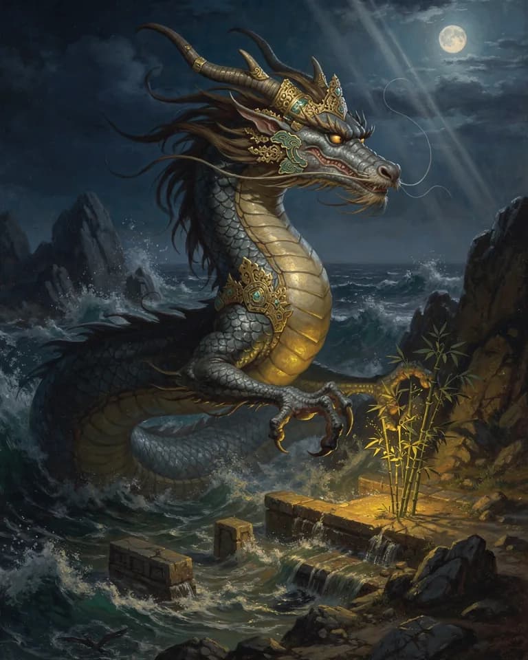 Illustration of Sea Dragon of King Munmu, a creature of the Korean Tradition