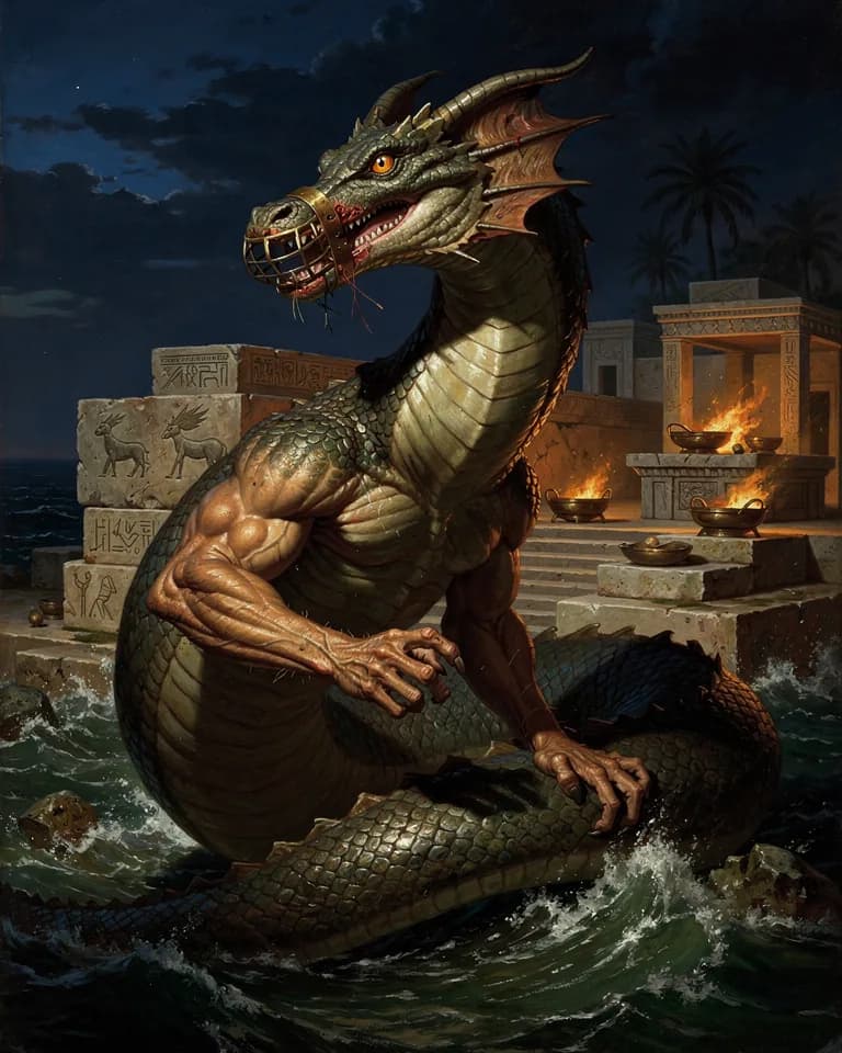Illustration of Tunnan, a creature of the Canaanite Pantheon (Ugarit)