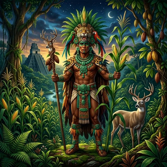 Illustration of Yum Kaax, a deity of the Mesoamerican Pantheon