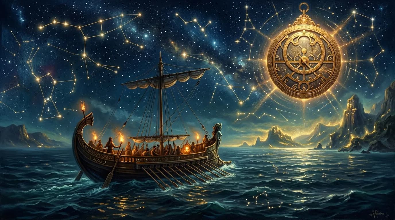 Ancient mythic sea voyage beneath a radiant celestial constellation astrolabe