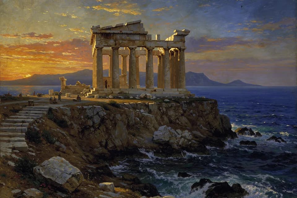 Illustration of Cape Sounion, a temple of the Greek Pantheon