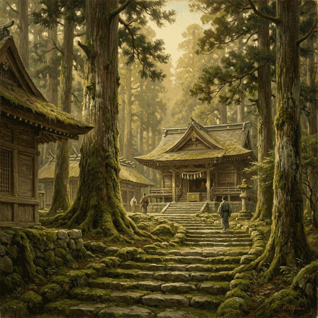 Illustration of Ise Grand Shrine, a temple of the Japanese Pantheon