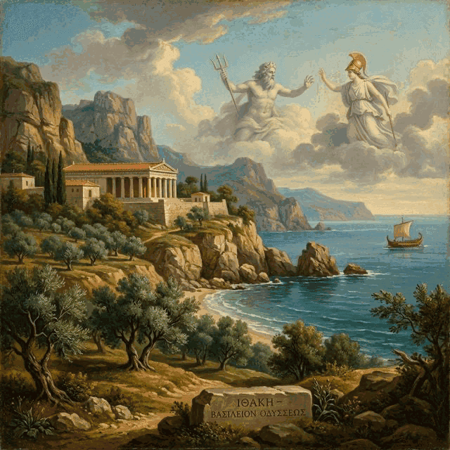 Illustration of Ithaca, a realm of the Greek Pantheon