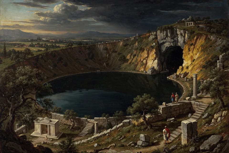 Illustration of Lake Avernus, a lake of the Roman Pantheon