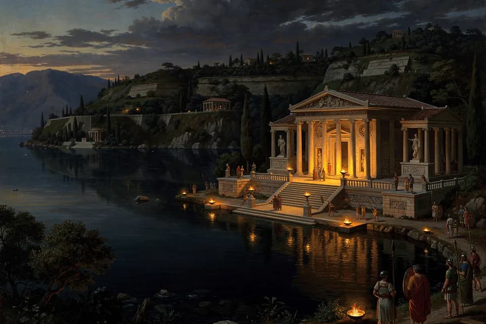 Illustration of Lake Nemi, a lake of the Roman Pantheon