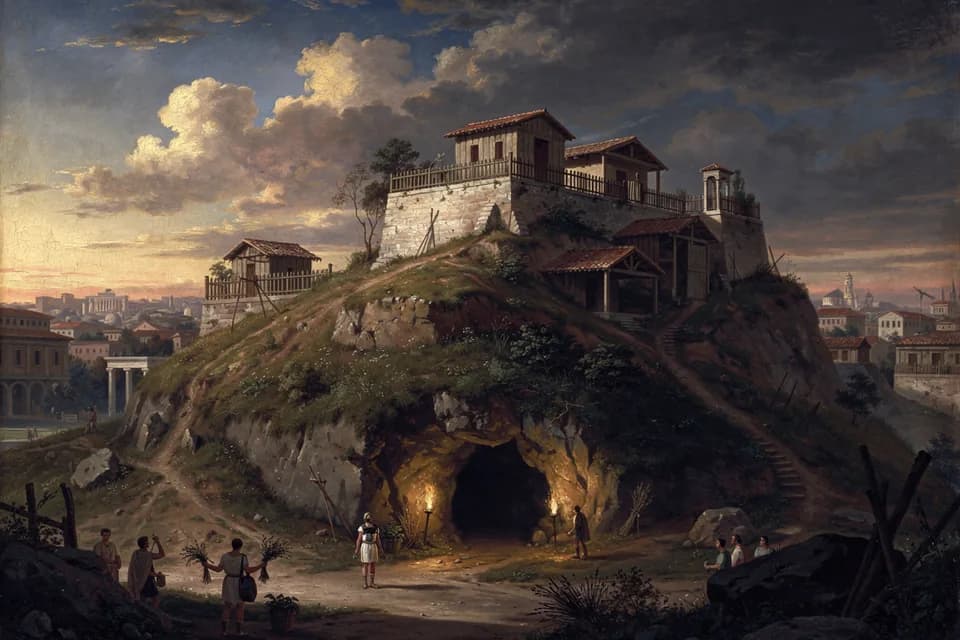 Illustration of Palatine Hill and the Lupercal, a sacred site of the Roman Pantheon