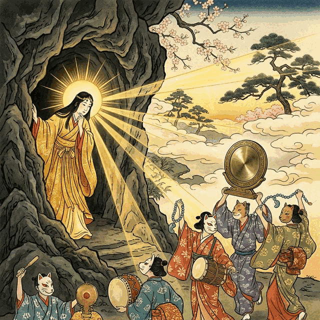 Illustration of the myth "Amaterasu and the Heavenly Cave" from the Japanese Pantheon