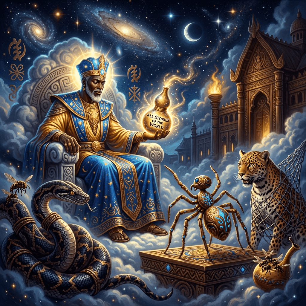 Illustration of the myth "How Anansi Bought the World's Stories" from the Akan Tradition