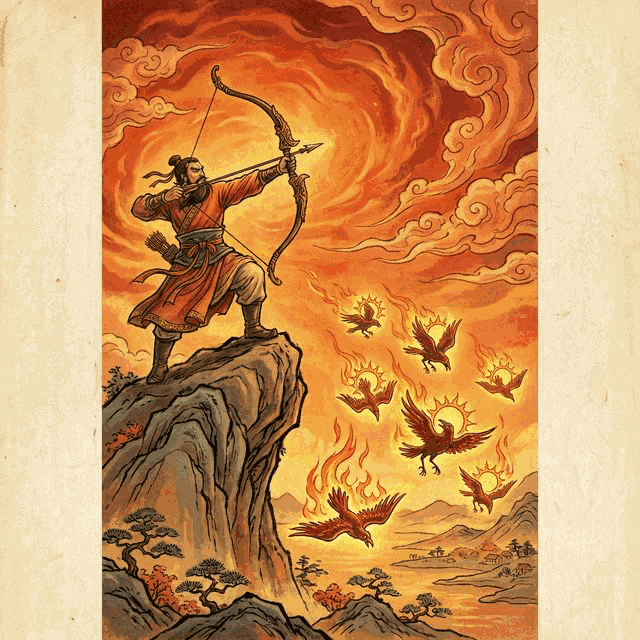 Illustration of the myth "Hou Yi Shoots the Suns" from the Chinese Pantheon