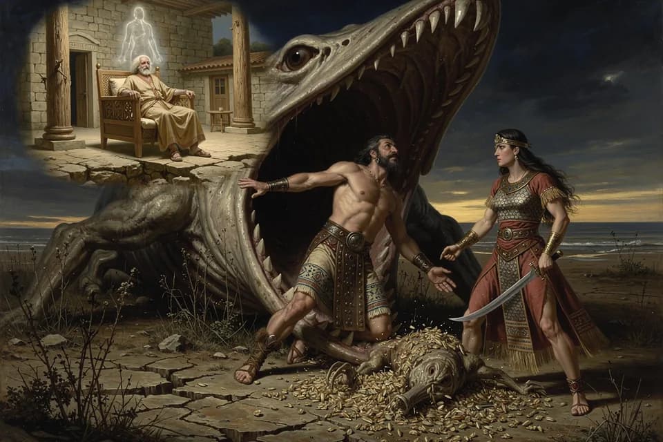 Illustration of the myth "Baal and Mot: The Storm-god in the Throat of Death" from the Canaanite Pantheon (Ugarit)