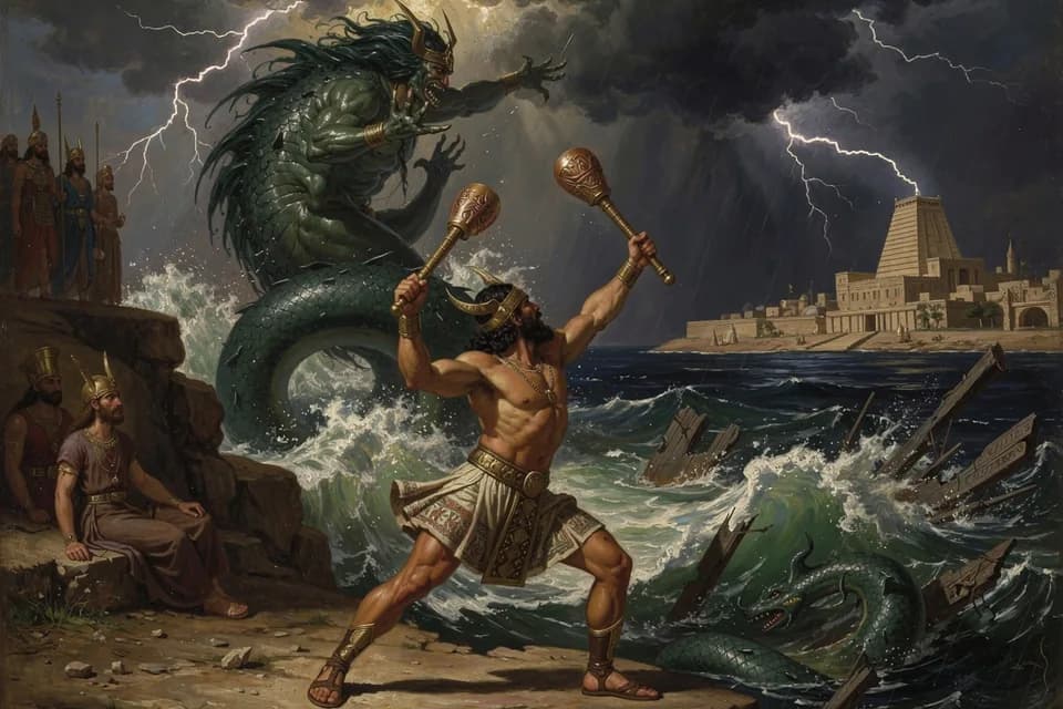 Illustration of the myth "Baal and Yam: The Storm Against the Sea" from the Canaanite Pantheon (Ugarit)