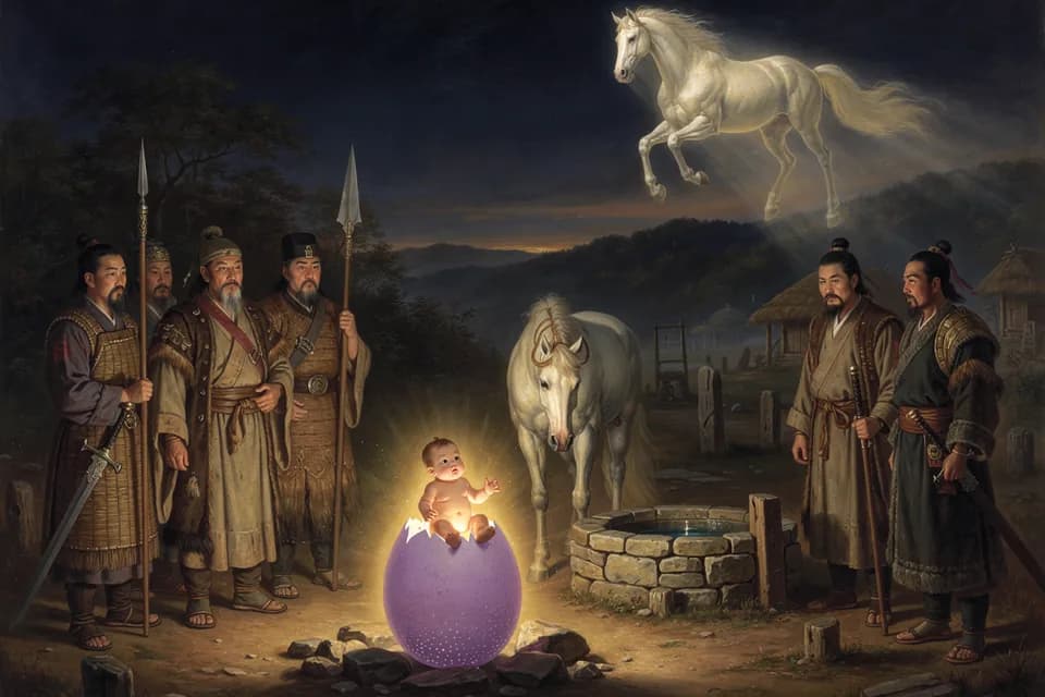 Illustration of the myth "Bak Hyeokgeose and the Egg at Najeong" from the Korean Tradition