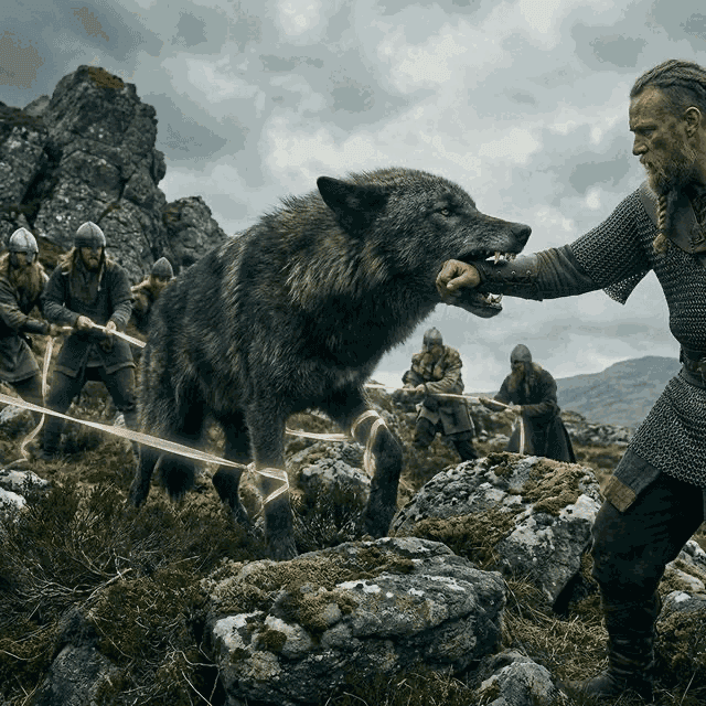 Illustration of the myth "The Binding of Fenrir" from the Norse Pantheon