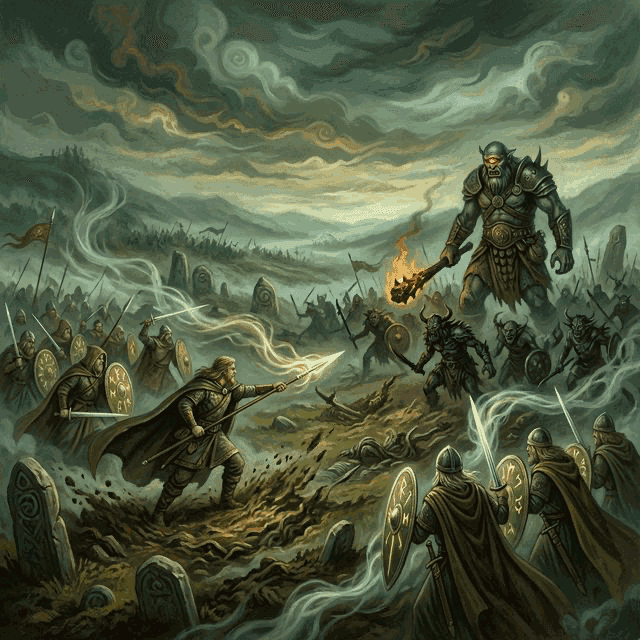 Illustration of the myth "The Second Battle of Mag Tuired" from the Celtic Pantheon