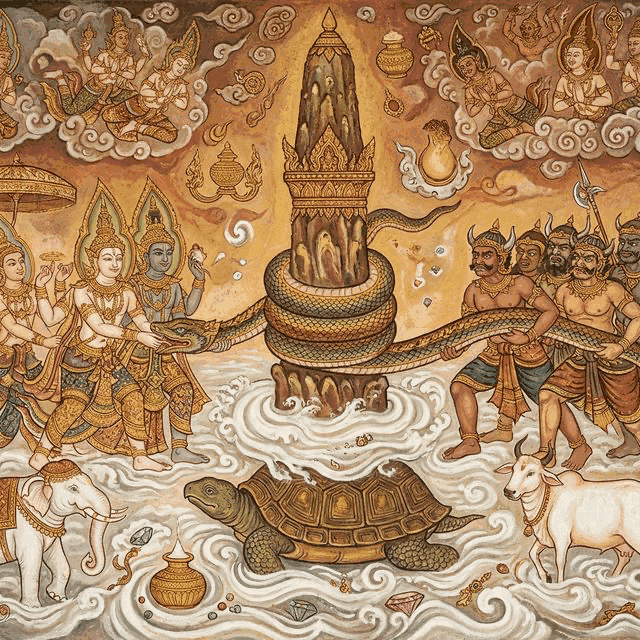 Illustration of the myth "Samudra Manthan - Churning of the Ocean" from the Hindu Pantheon