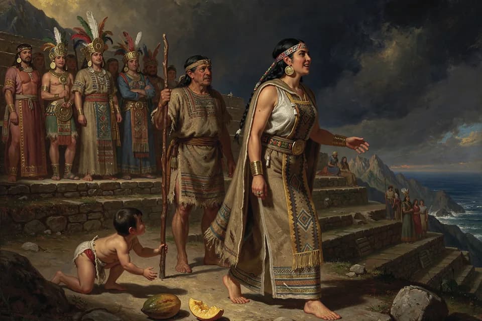 Illustration of the myth "Cuniraya and Cavillaca" from the Inca and Andean Tradition