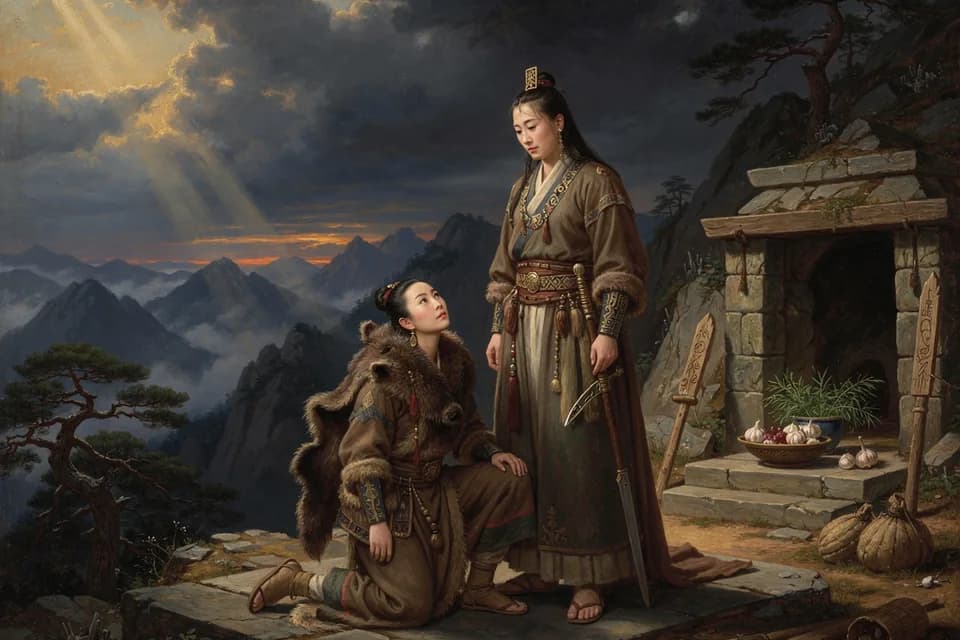 Illustration of the myth "Dangun and the Bear Woman" from the Korean Tradition