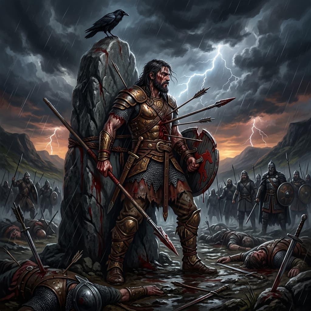 Illustration of the myth "The Death of Cu Chulainn" from the Celtic Pantheon