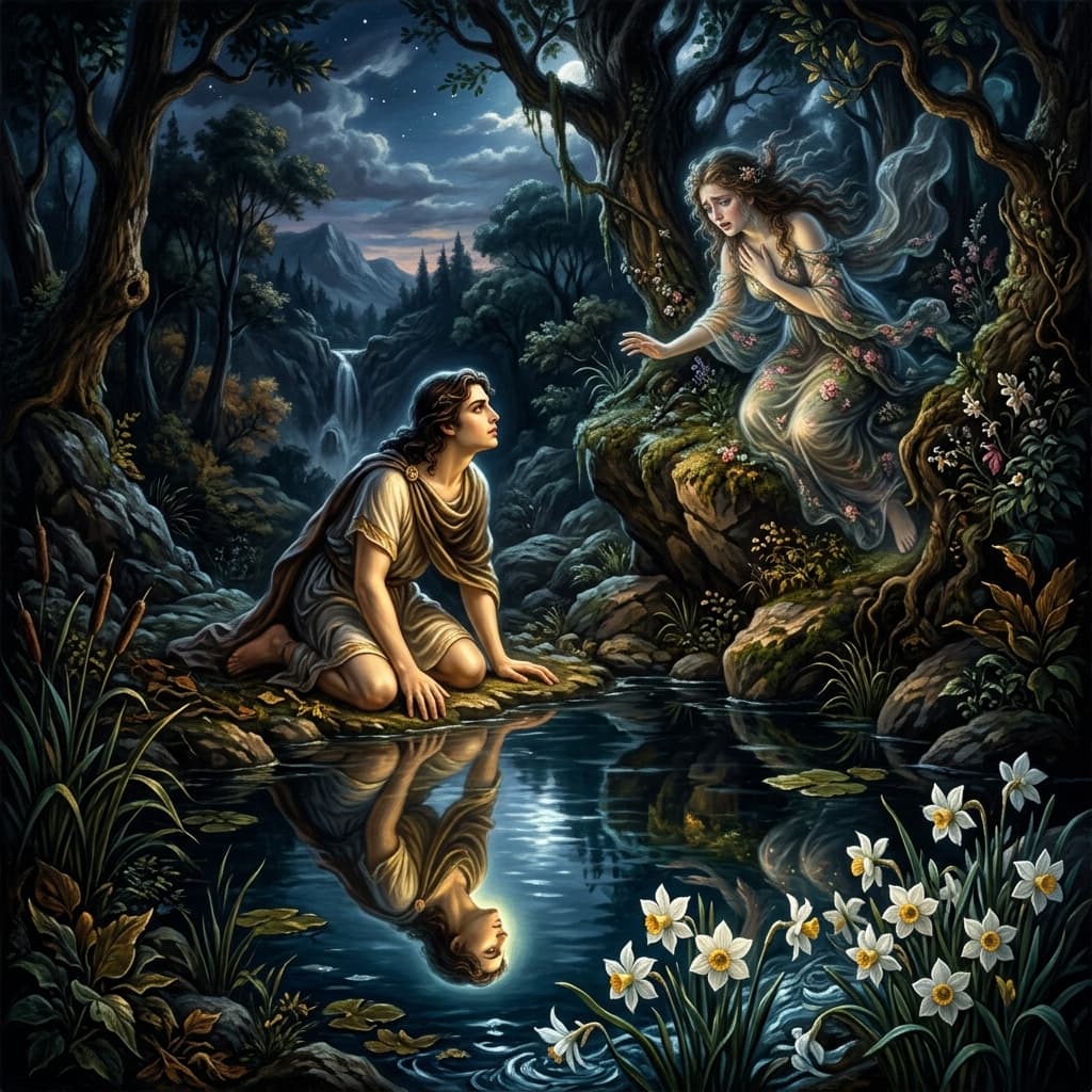 Illustration of the myth "Echo and Narcissus" from the Greek Pantheon