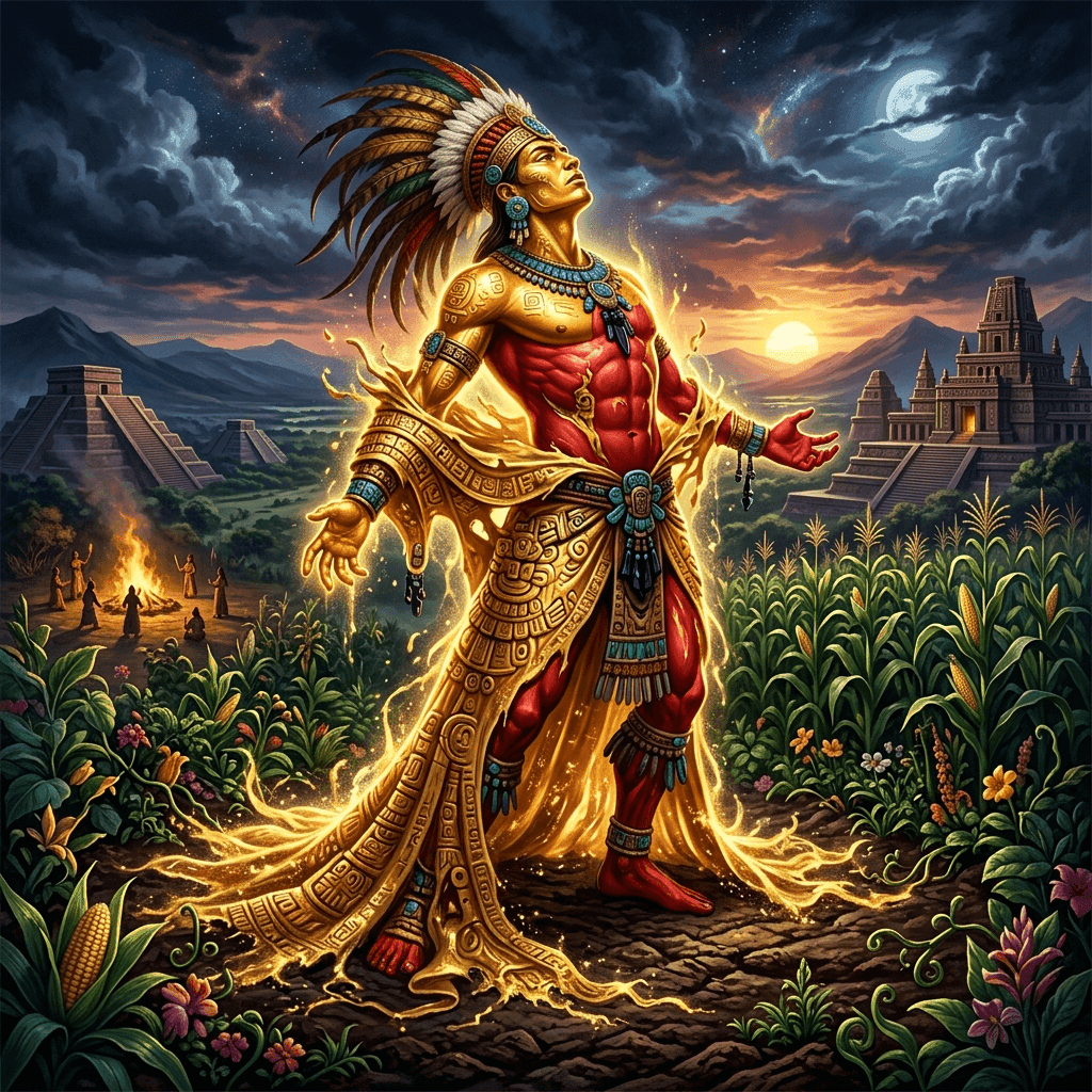 Illustration of the myth "The Flaying of Xipe Totec" from the Aztec Pantheon
