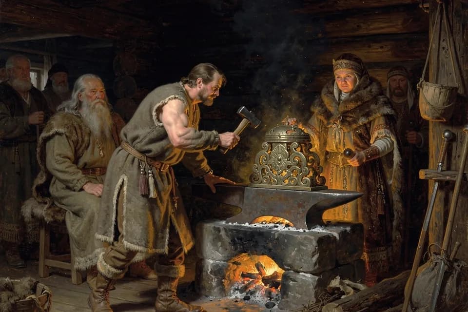 Illustration of the myth "The Forging of the Sampo" from the Finnish Tradition (Kalevala)