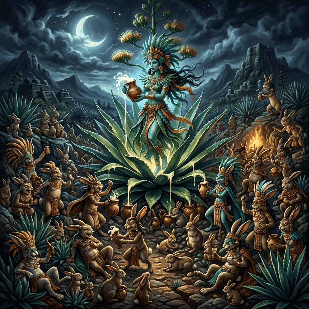Illustration of the myth "The Four Hundred Rabbits" from the Aztec Pantheon