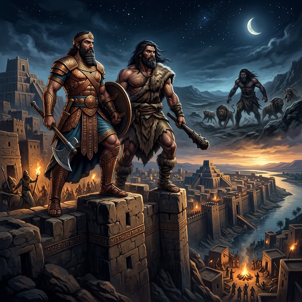 Illustration of the myth "Gilgamesh and Enkidu - The Birth of Friendship" from the Mesopotamian Pantheon