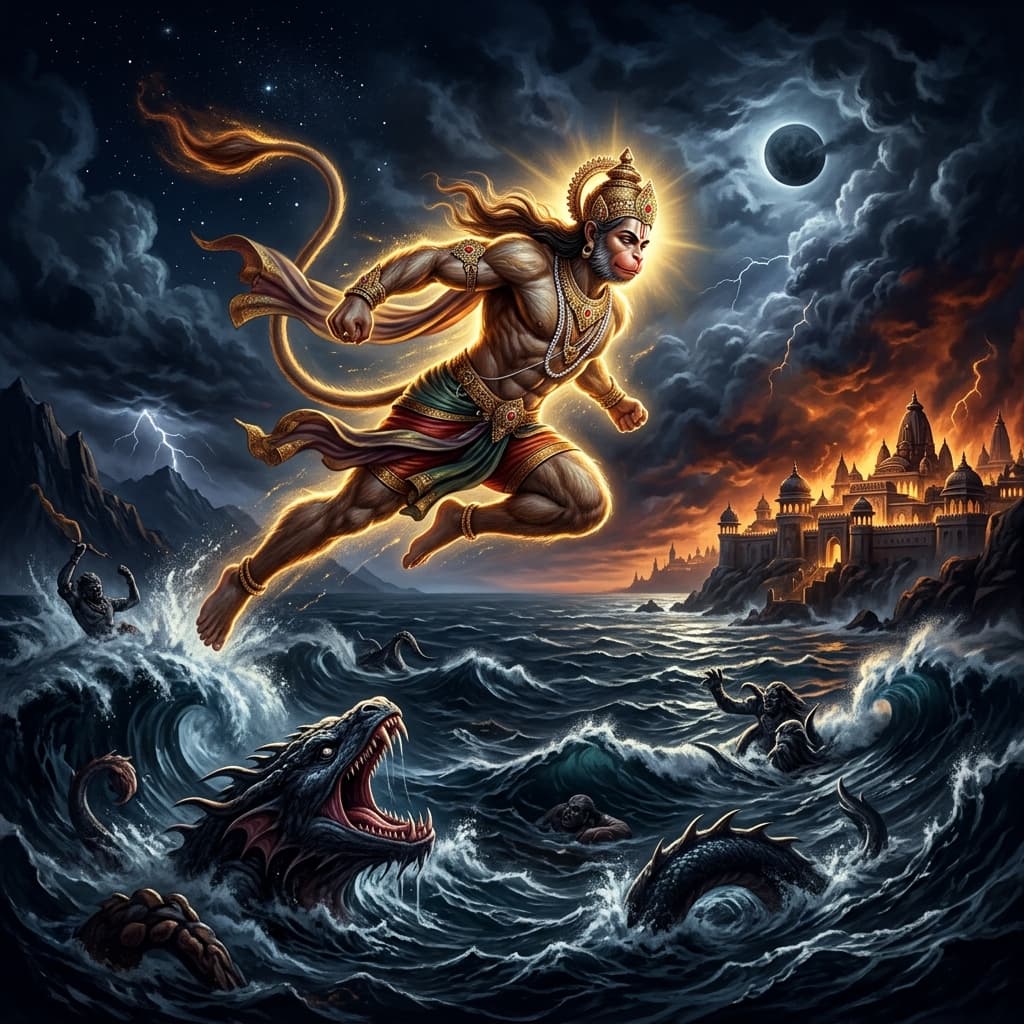 Illustration of the myth "Hanuman's Leap to Lanka" from the Hindu Pantheon