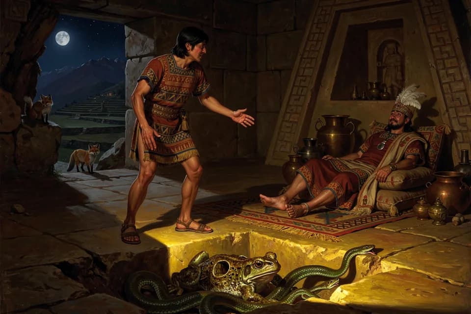 Illustration of the myth "Huatyacuri and the Rich Man Who Called Himself God" from the Inca and Andean Tradition