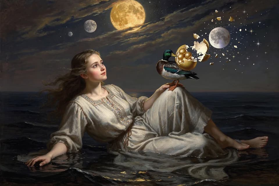 Illustration of the myth "Ilmatar and the World Egg" from the Finnish Tradition (Kalevala)