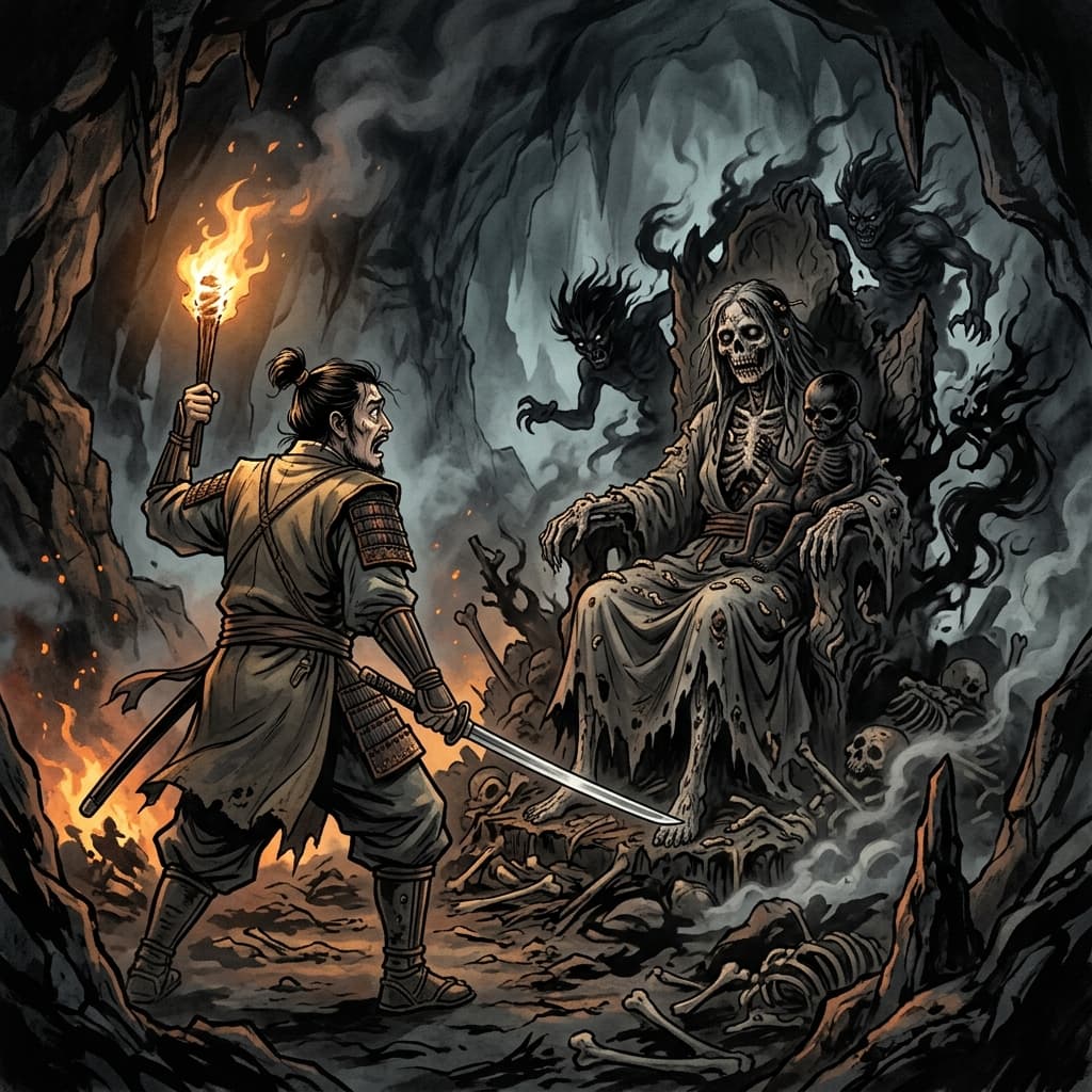 Illustration of the myth "Izanagi's Descent to Yomi" from the Japanese Pantheon