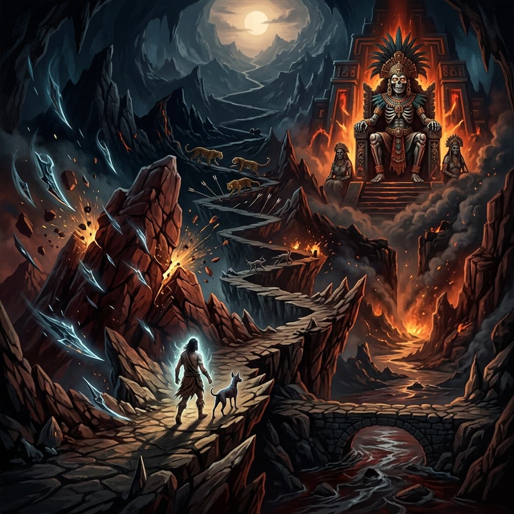 Illustration of the myth "The Journey to Mictlan" from the Aztec Pantheon