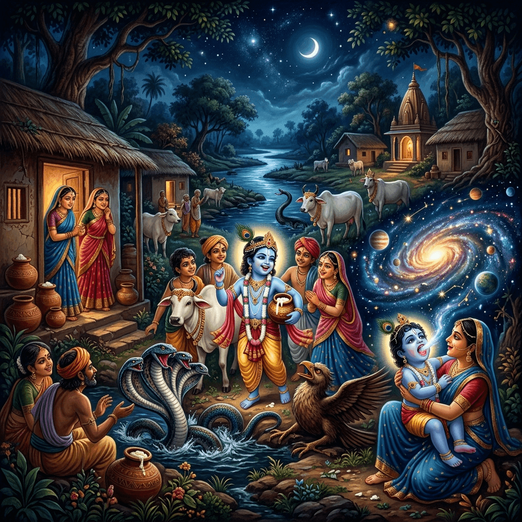Illustration of the myth "The Childhood of Krishna" from the Hindu Pantheon