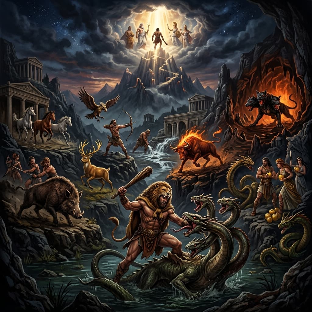 Illustration of the myth "The Twelve Labors of Hercules" from the Roman Pantheon