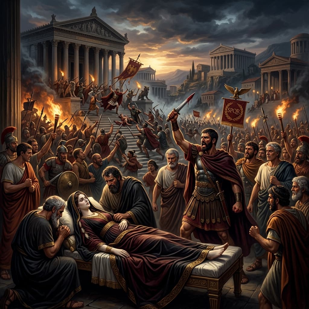 Illustration of the myth "Lucretia and the Fall of the Kings" from the Roman Pantheon