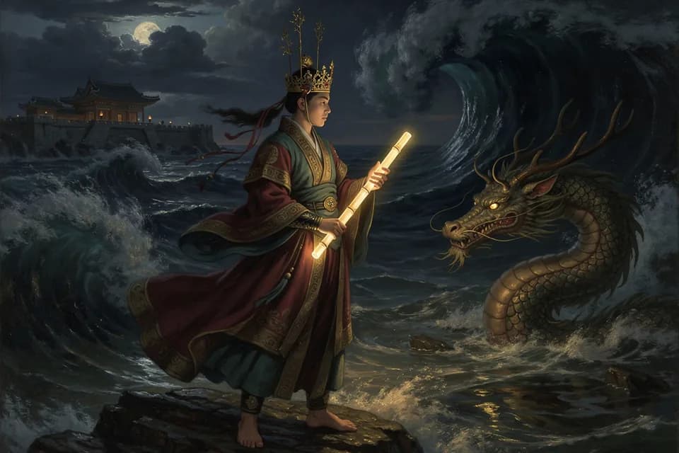 Illustration of the myth "Manpasikjeok: The Flute That Calms Ten Thousand Waves" from the Korean Tradition