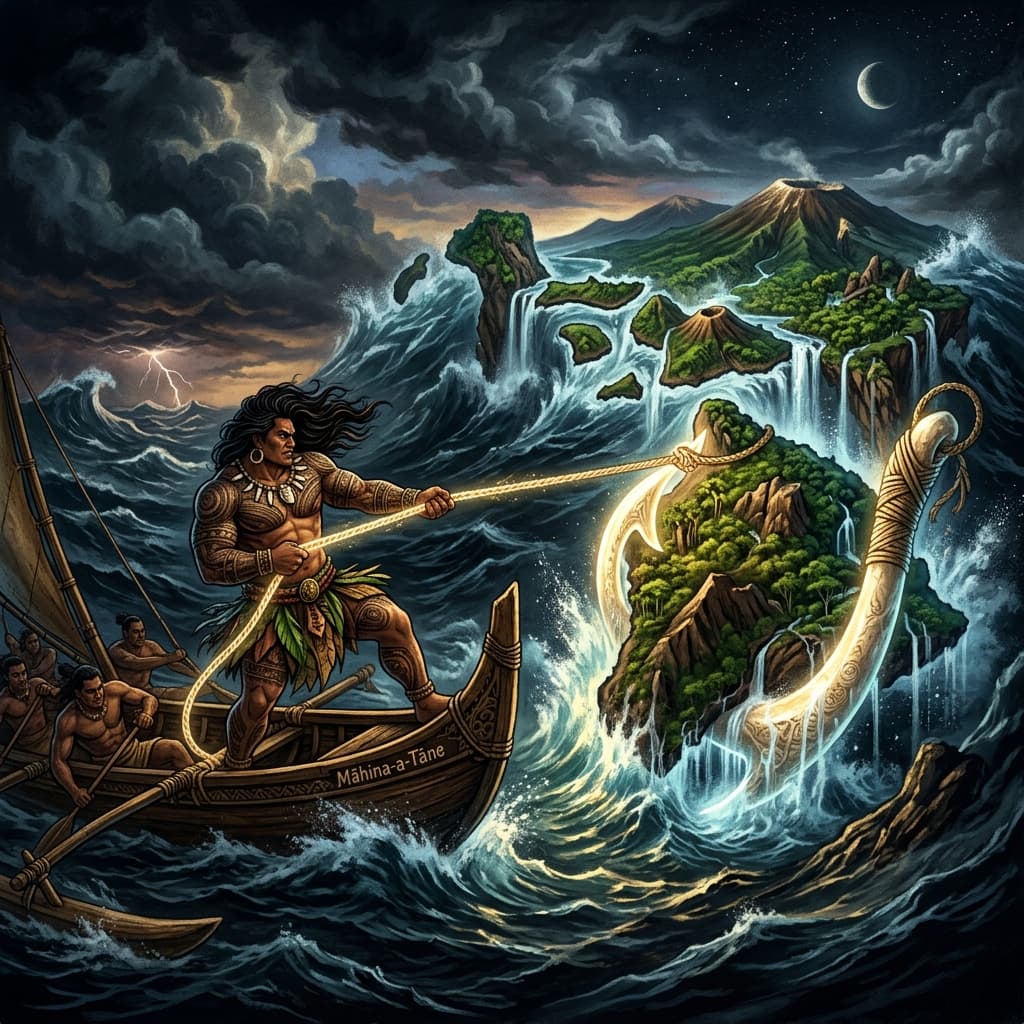 Illustration of the myth "Maui Fishes Up the Islands" from the Polynesian Pantheon