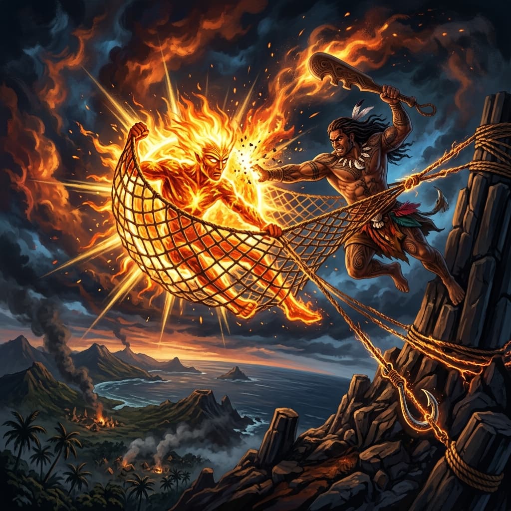 Illustration of the myth "Maui Slows the Sun" from the Polynesian Pantheon
