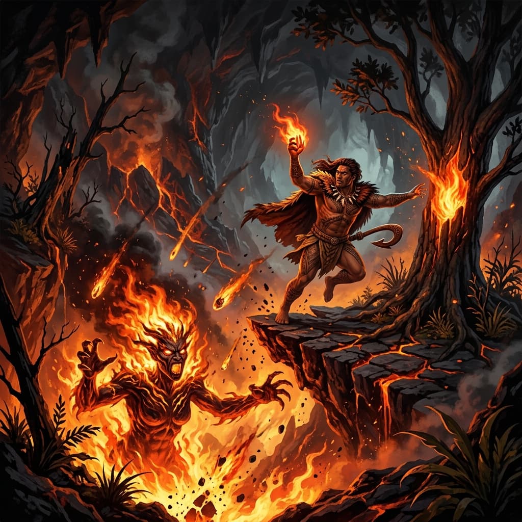 Illustration of the myth "Maui Steals Fire" from the Polynesian Pantheon