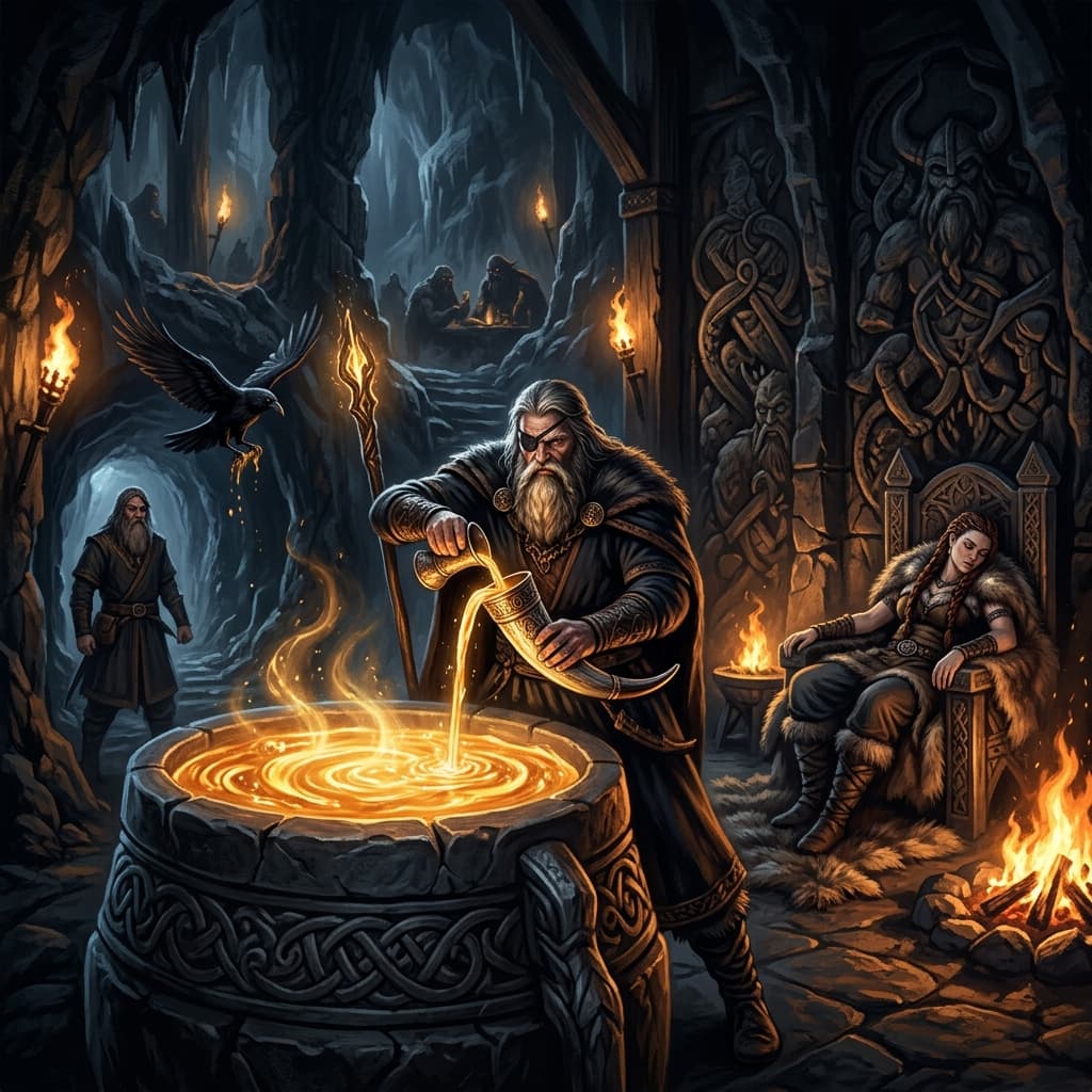 Illustration of the myth "The Mead of Poetry" from the Norse Pantheon
