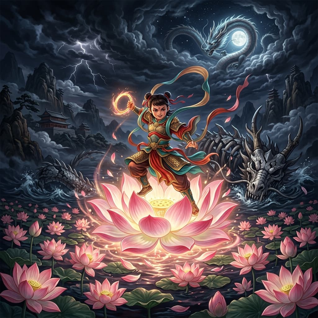 Illustration of the myth "The Legend of Nezha" from the Chinese Pantheon