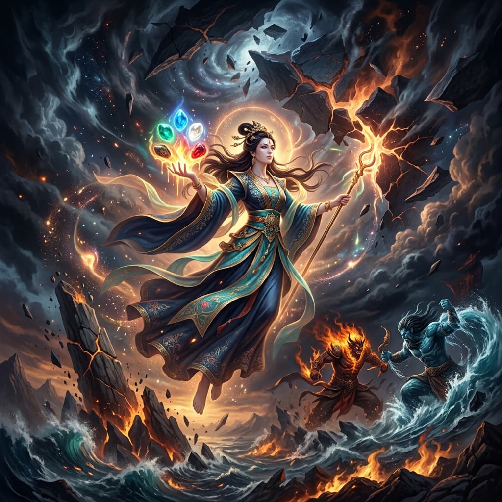 Illustration of the myth "Nuwa Repairs the Sky" from the Chinese Pantheon