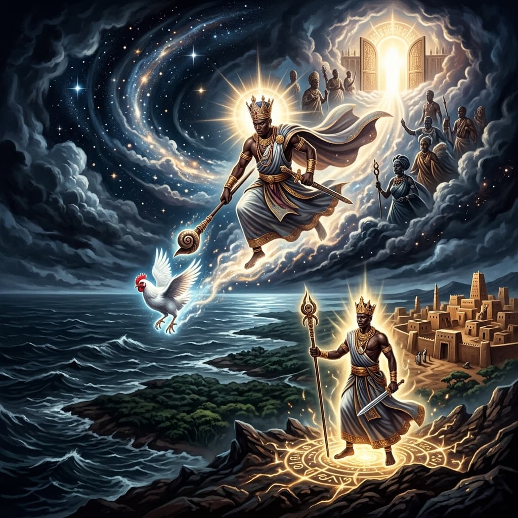 Illustration of the myth "Oduduwa and the Creation of the Earth" from the Yoruba Tradition