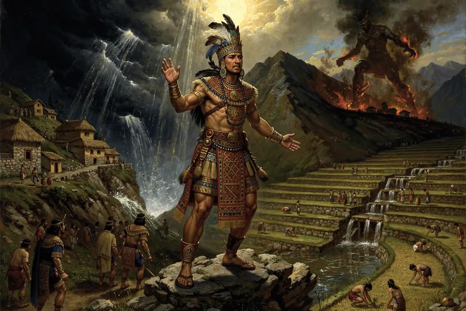 Illustration of the myth "Pariacaca and Huallallo Carhuincho" from the Inca and Andean Tradition