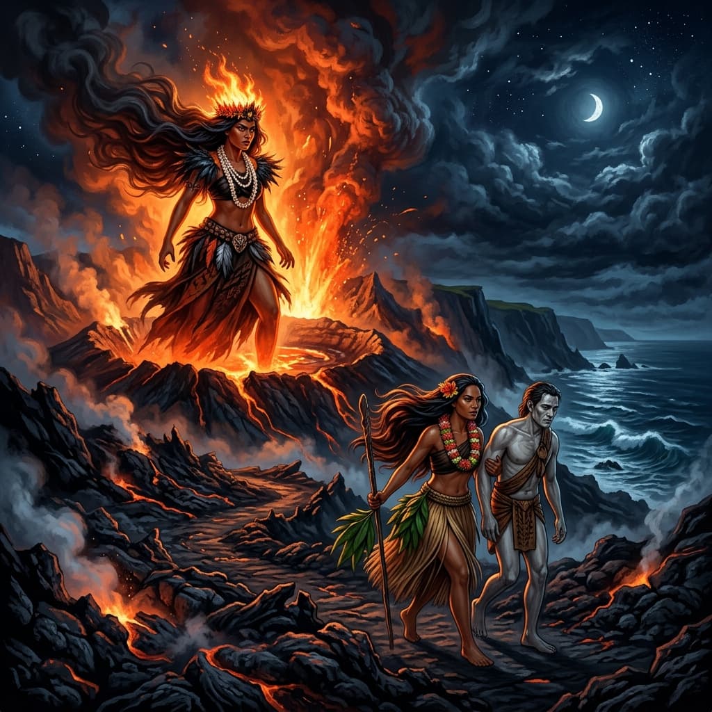 Illustration of the myth "Pele and Hi'iaka" from the Polynesian Pantheon