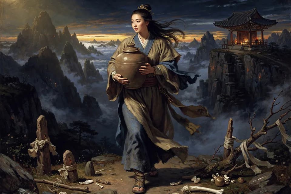 Illustration of the myth "Princess Bari" from the Korean Tradition