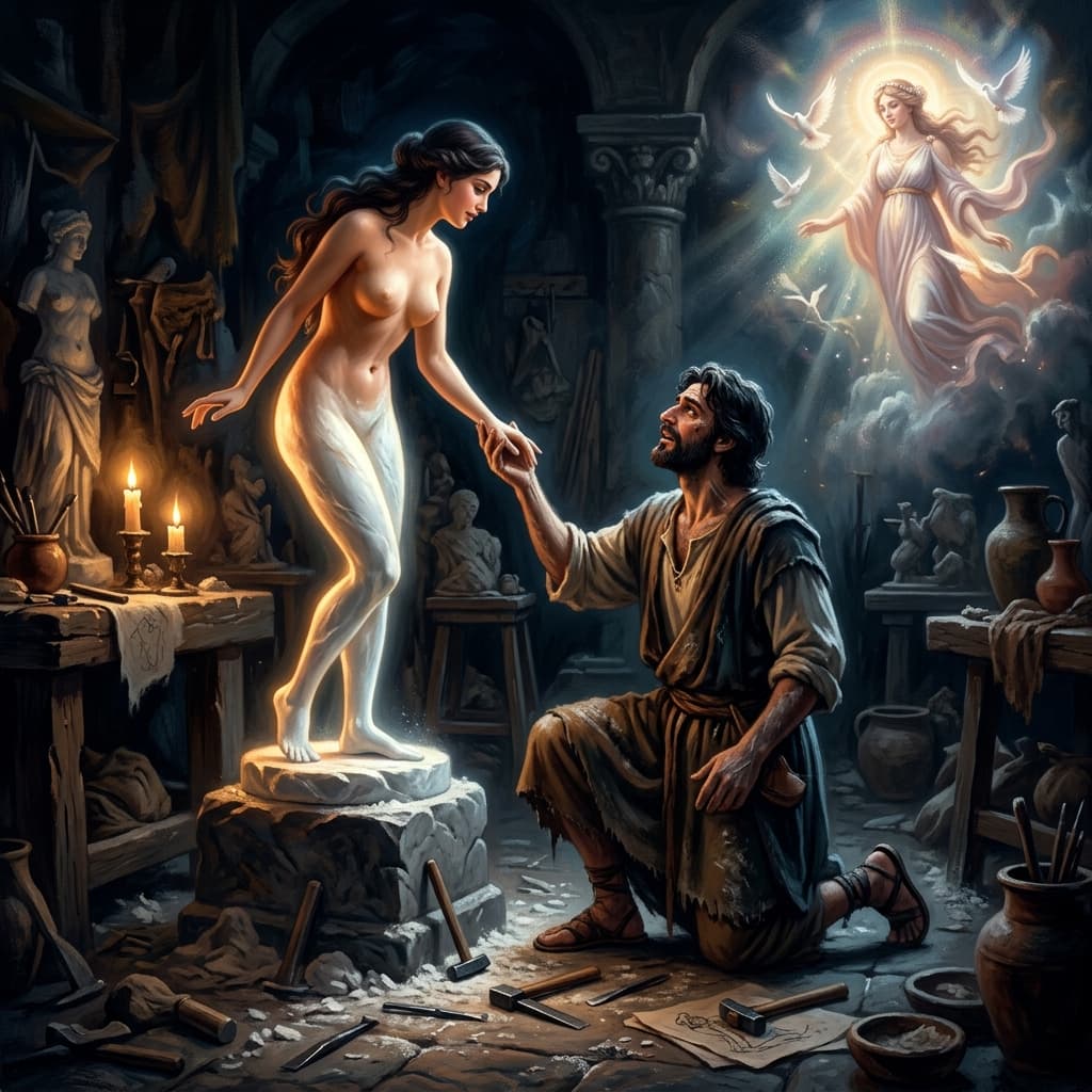 Illustration of the myth "Pygmalion and Galatea" from the Greek Pantheon